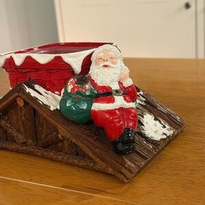 Vintage Chalkware Santa Flocked Log Cabin Flower Pot Christmas Decor MCM Kitschy